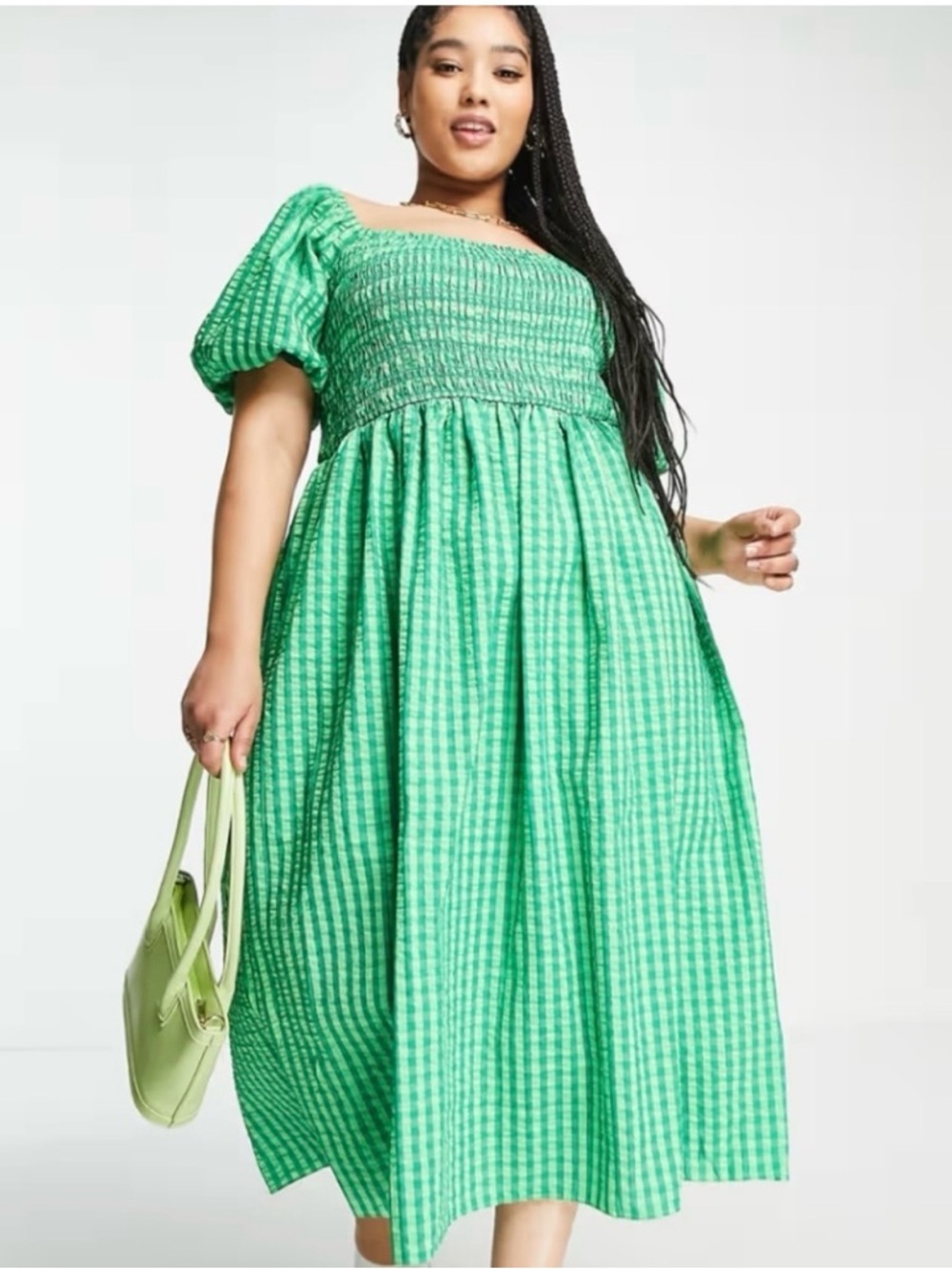 Never Fully Dressed Green Gingham Midi Dress Curve XXL Puff Sleeve